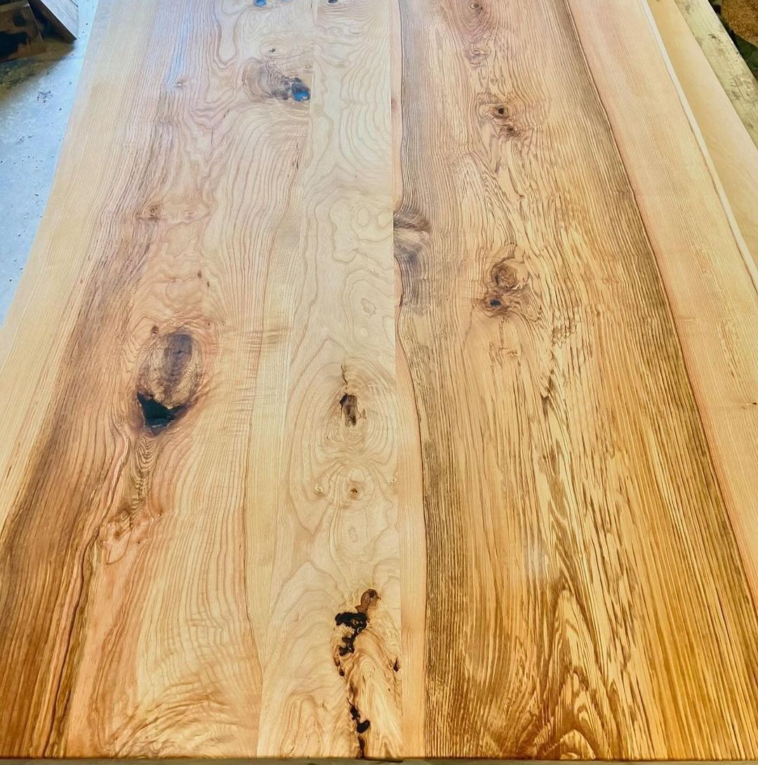The finished ash dining table top, showing its grain